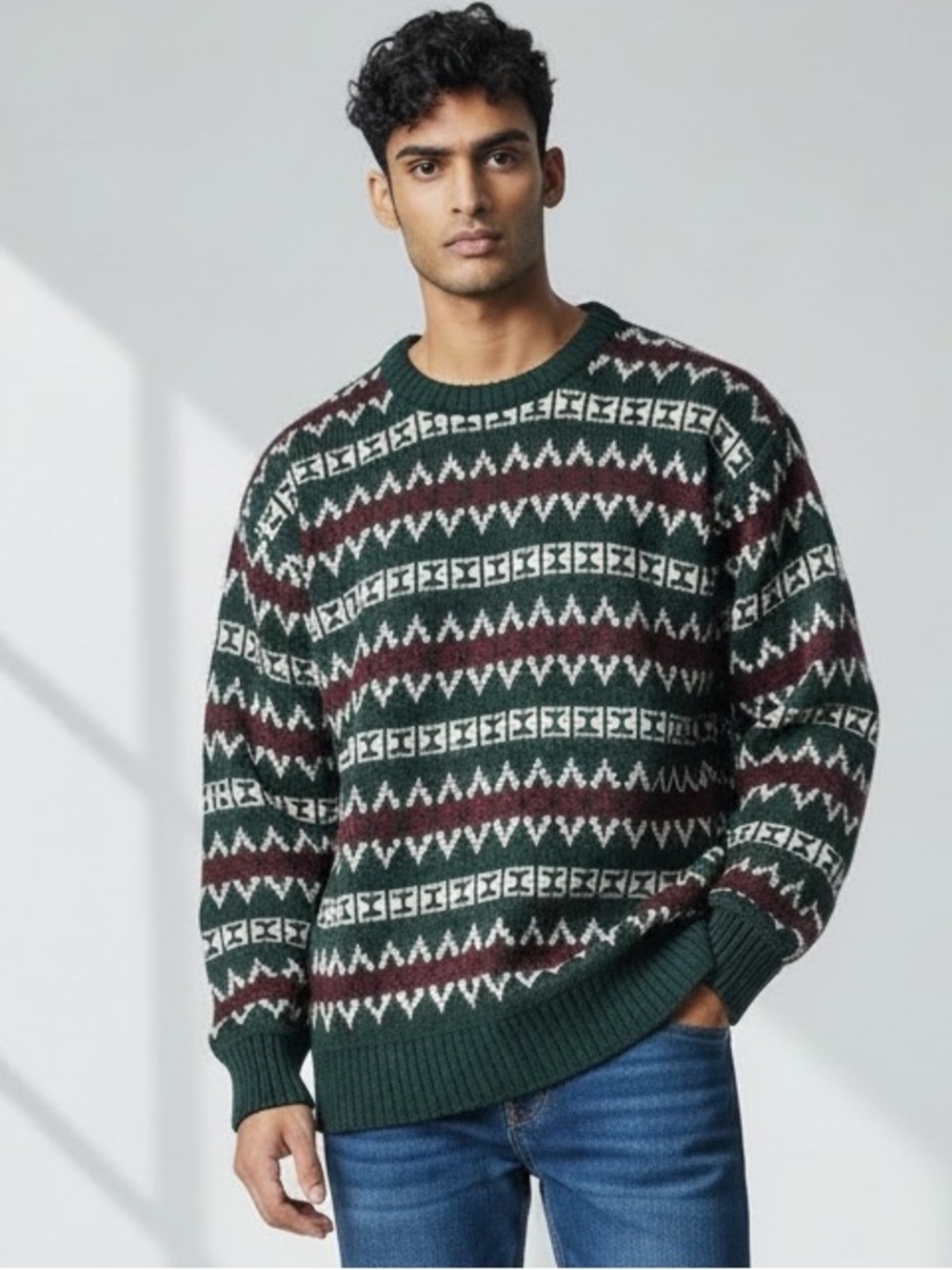 Vintage Boundary Waters Men's Dark Green Patterned 100% Cotton Crewneck Sweater